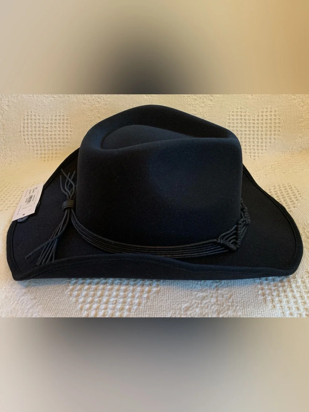 Jessica Simpson Black Fedora Cowboy Hat With Macrame Band Interior Adjuster Boho